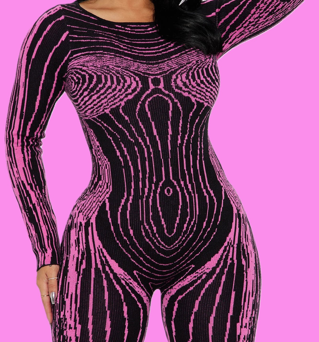 Pink and black bodycon Sweater Jumpsuit